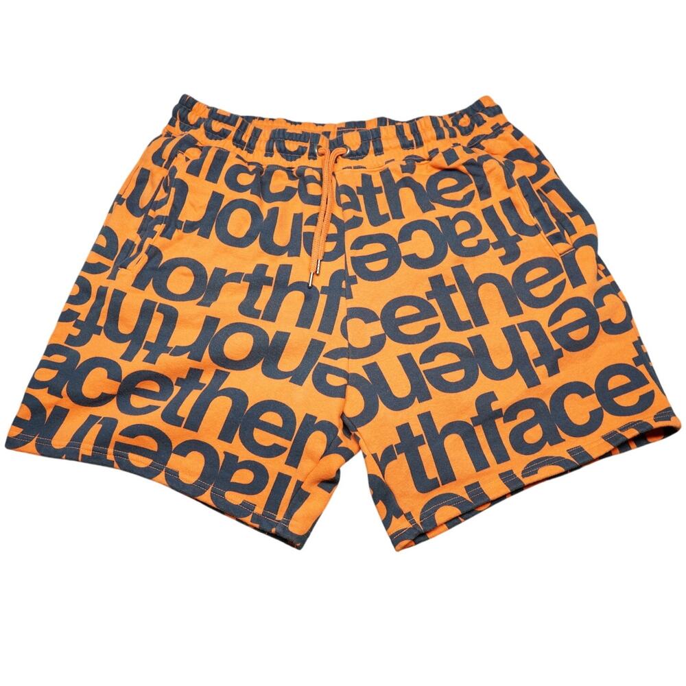 The North Face AOP Fleece Shorts Orange Blue Logo Print Mens Large Casual